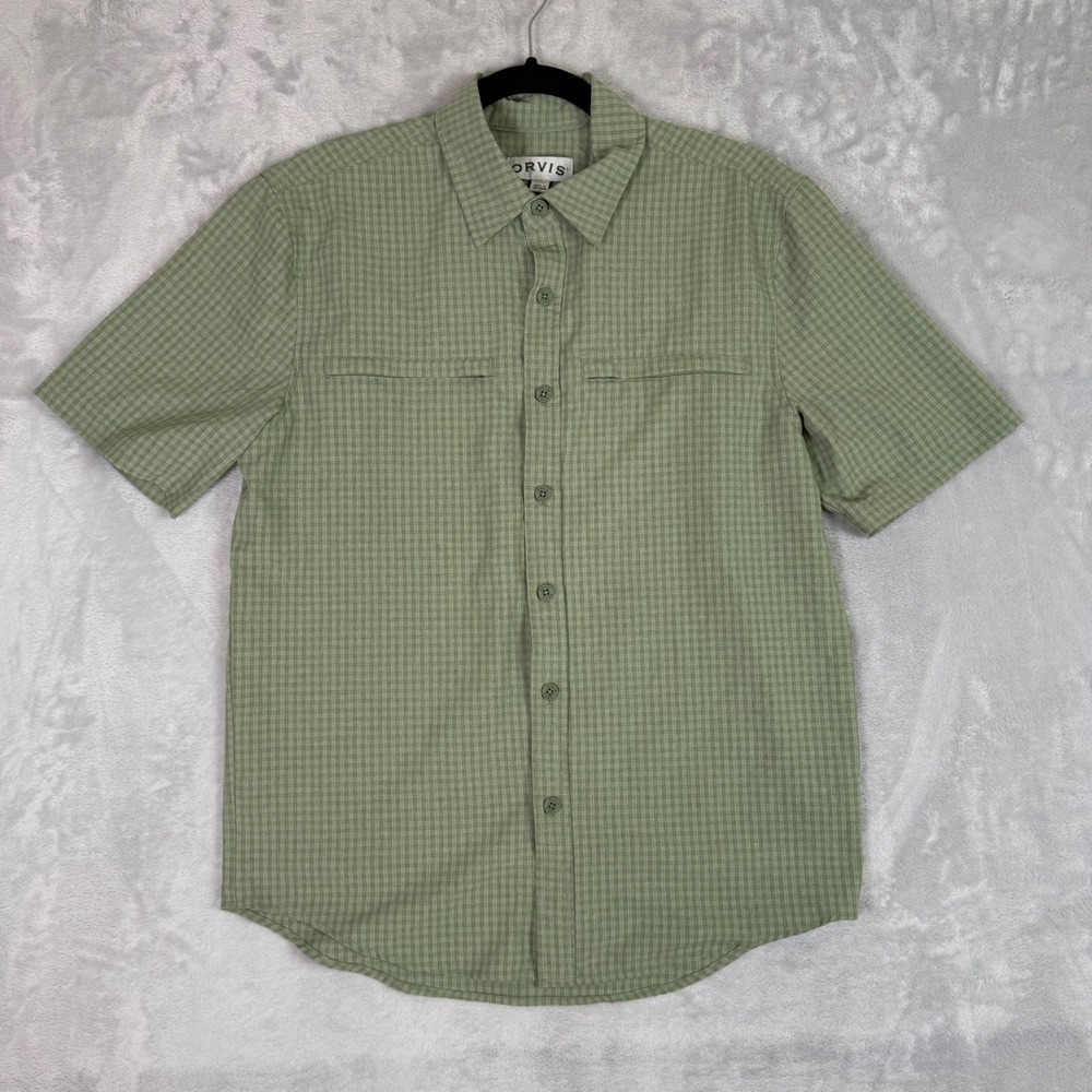 Orvis Button Down Shirt Mens Small Green Micro Check Short Sleeve Outdoor Hiking